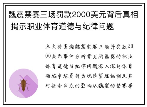 魏震禁赛三场罚款2000美元背后真相 揭示职业体育道德与纪律问题