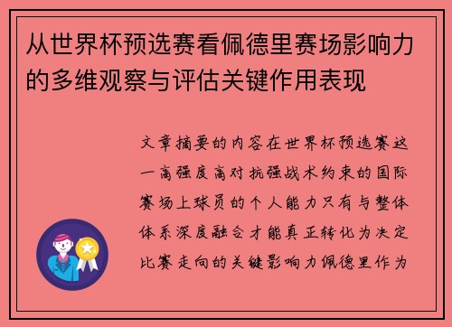 从世界杯预选赛看佩德里赛场影响力的多维观察与评估关键作用表现