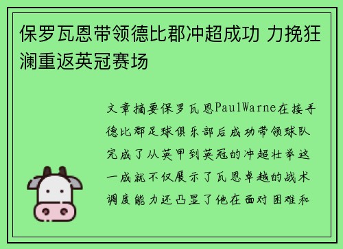 保罗瓦恩带领德比郡冲超成功 力挽狂澜重返英冠赛场